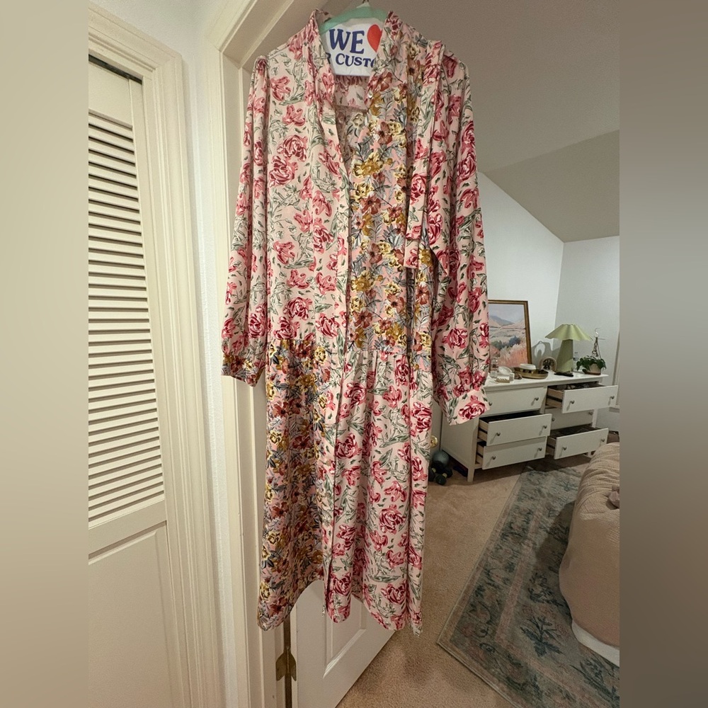 Floral Long Sleeve Drop-Waisted Dress